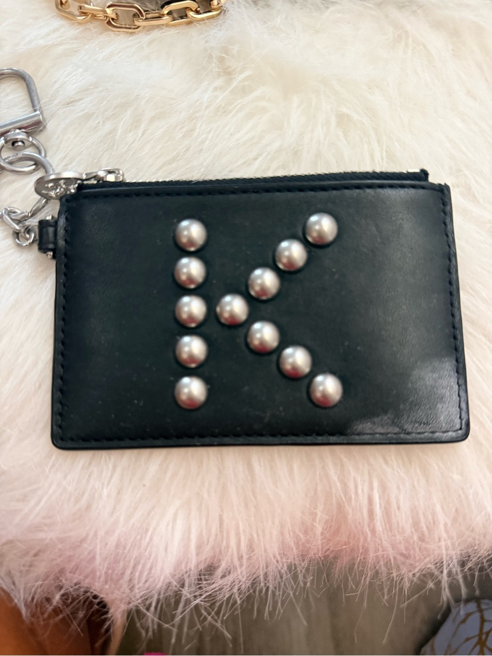 Tory Burch Black Leather Studded 'K' Card Holder Keychain